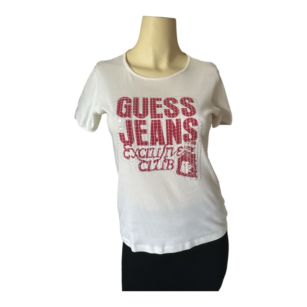 GUESS Jeans White Tee with Sequins Pink Logo Women size Small